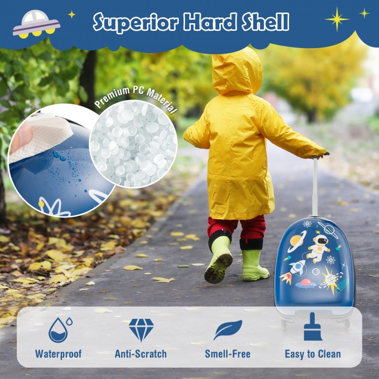 16-inch blue kids carry-on luggage with wheels, featuring a hard shell, anti-scratch material, and spacious.