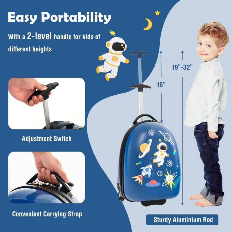 Kids carry-on luggage in blue with wheels, 16-inch hard shell, adjustable handle, and convenient carrying strap.