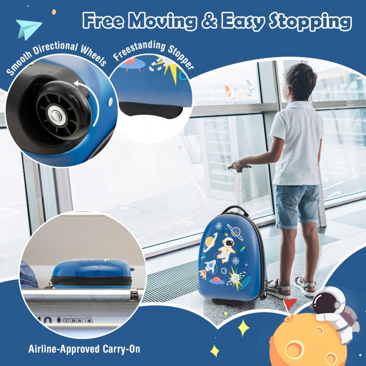16-inch blue kids carry-on luggage with smooth wheels, freestanding stopper, and spacious compartments for travel.