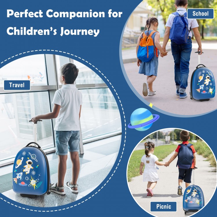 Kids' 16-inch blue hard shell carry-on suitcase with wheels, ideal for school, travel, and picnics.
