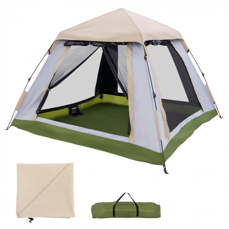 Pop-up camping tent for 2-4 people with removable rainfly, mesh windows, and waterproof bottom, ideal for outdoor use.