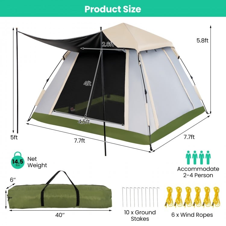 2-4 person instant pop-up camping tent with removable rainfly, featuring large interior space and mesh ventilation.