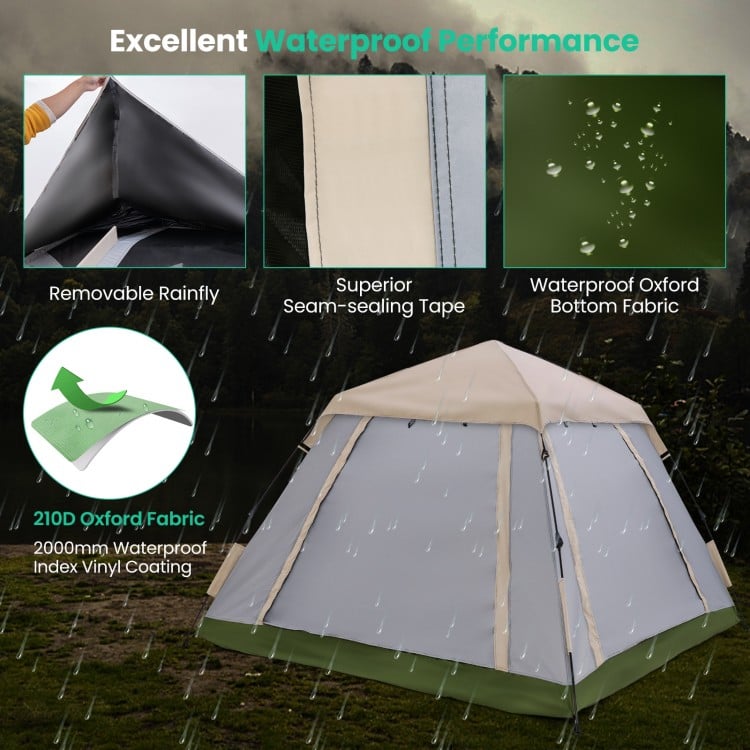 Close-up of the waterproof Oxford bottom fabric of a 2-4 person pop-up camping tent with removable rainfly.