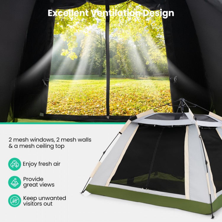 Instant pop-up camping tent for 2-4 people featuring mesh windows for ventilation and removable rainfly for light rain.