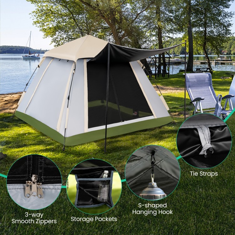 2-4 person instant pop-up camping tent with removable rainfly, featuring mesh windows and storage pockets for easy.