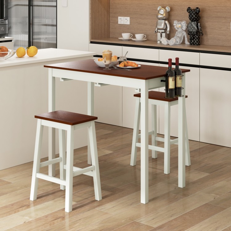 3-piece bar table set with white rubber wood legs, 42" x 22" wood veneer top, and two wine holders for versatile use.