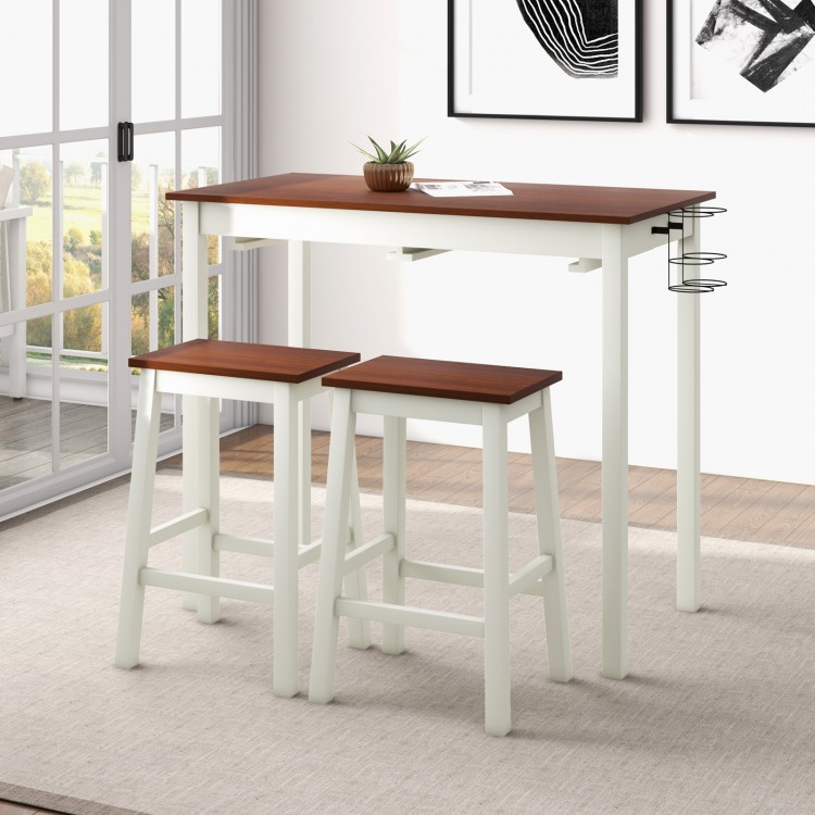 3-piece bar table set with white rubber wood legs, spacious 42" x 22" tabletop, and two wine holders for versatile use.
