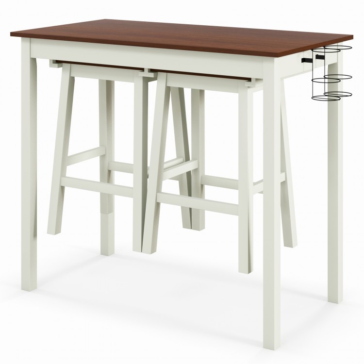 3-piece bar table set featuring a spacious 42" x 22" wood veneer top, sturdy rubber wood legs, and 2 wine holders.