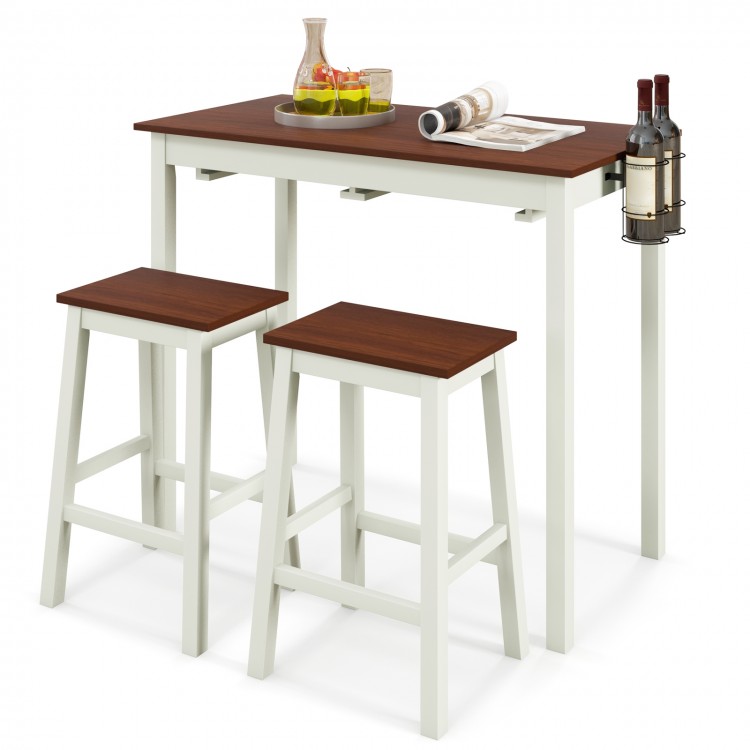3-piece bar table set with white rubber wood legs, spacious 42" x 22" tabletop, and 2 wine holders for versatile use.