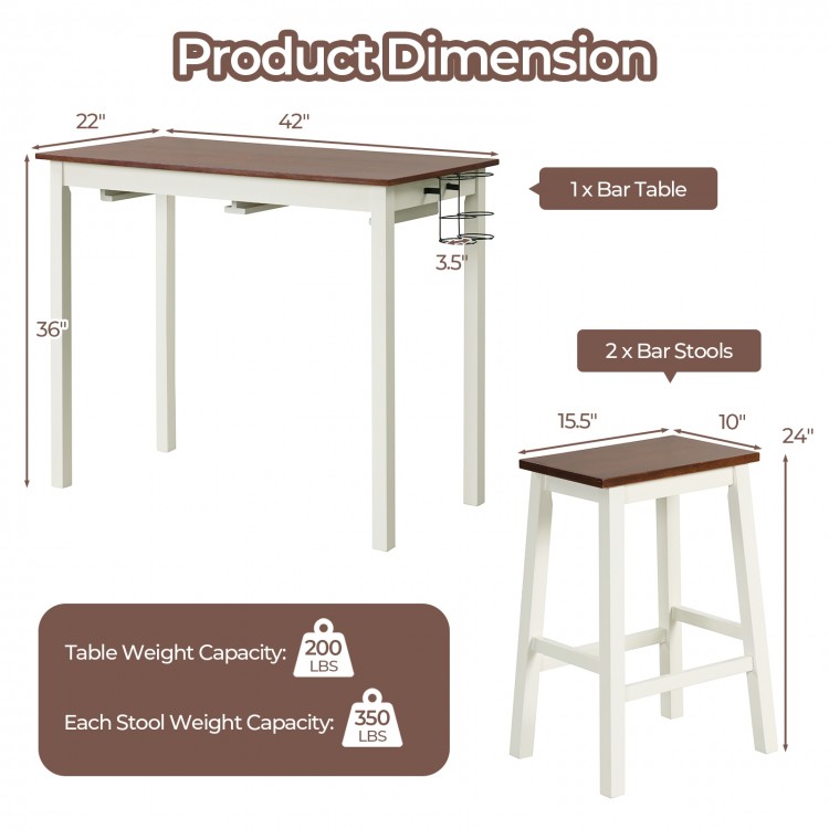 Bar table set featuring a 42" x 22" wood veneer top, sturdy rubber wood legs, and two wine holders for convenience.