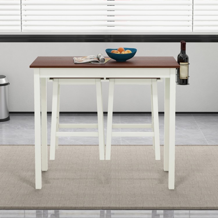 Bar table set with white rubber wood legs, 42" x 22" wood veneer top, and two wine holders for versatile use.