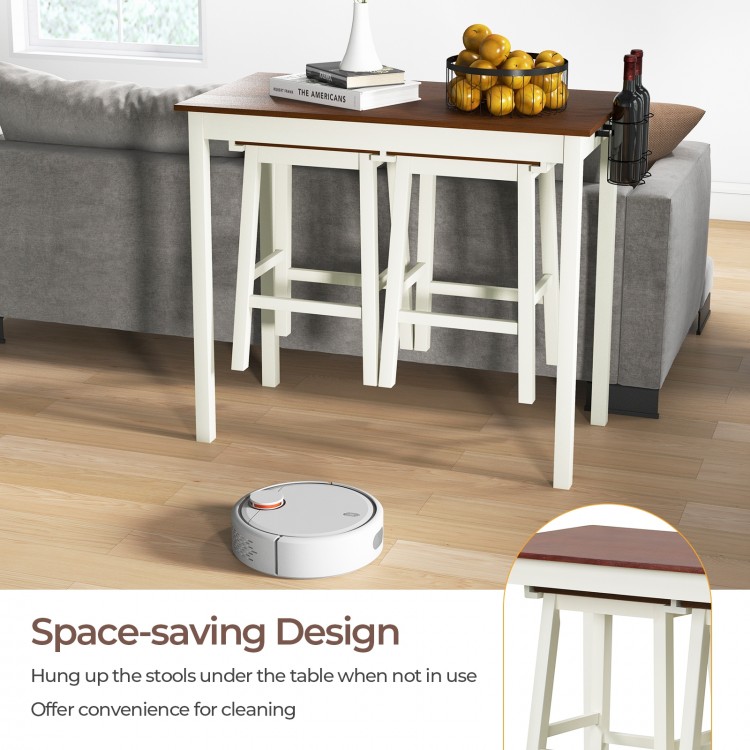 3-piece bar table set with white wooden legs and wine holders, featuring a spacious tabletop for versatile use.