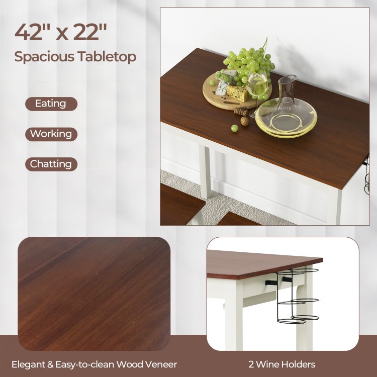 Bar table set featuring a 42" x 22" wood veneer tabletop, sturdy rubber wood legs, and 2 wine holders for versatile use.