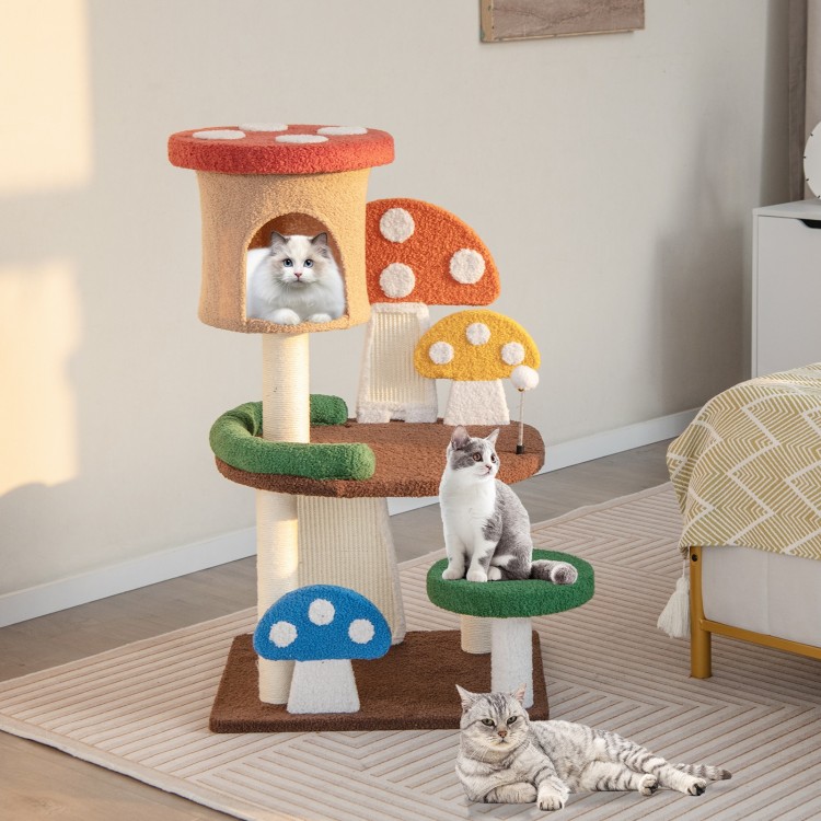 Multicolor 4-in-1 mushroom cat tree with cozy condo, spacious platforms, and sisal posts for scratching and play.
