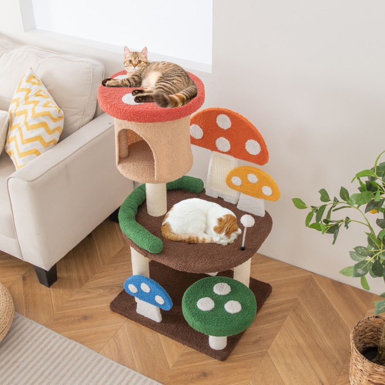 Multicolor 4-in-1 mushroom cat tree featuring cozy condo, spacious platforms, and sisal posts for scratching and play.