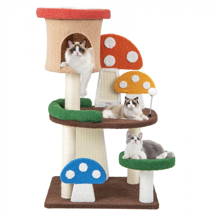 Close-up of the colorful mushroom platforms on the 4-in-1 cat tree, designed for playful and cozy cat activities.