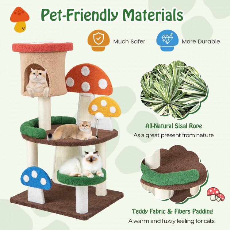 Multicolor 4-in-1 mushroom cat tree featuring a cozy condo, sisal posts, and teddy fabric padding for playful cats.