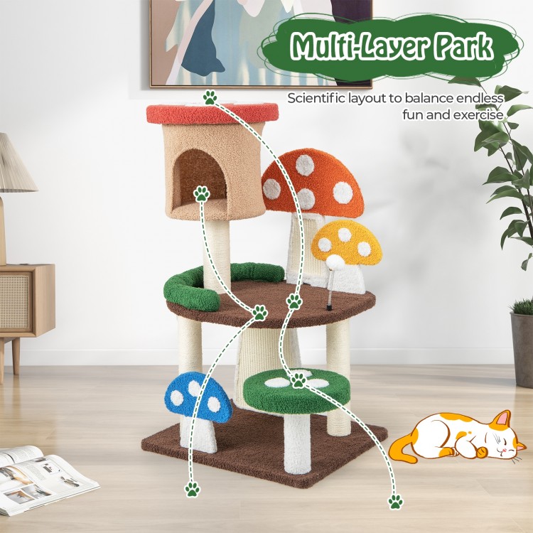 Multi-layer mushroom cat tree with condo, spring ball, and sisal posts for playful and cozy cat activities.