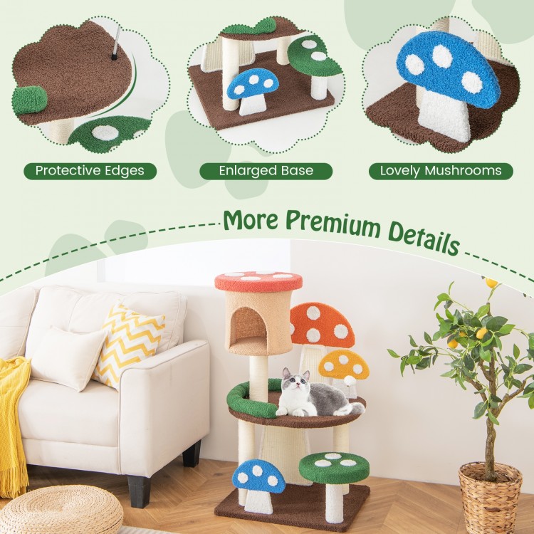 Multicolor 4-in-1 mushroom cat tree featuring a cozy condo, sisal posts, and protective edges for safe play.