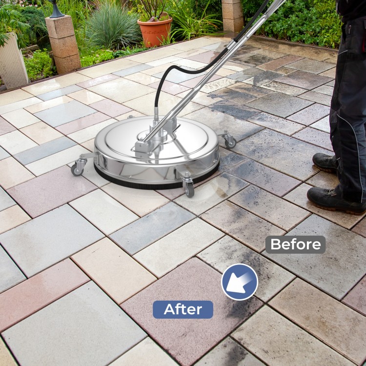 Pressure washer surface cleaner attachment with 20-inch stainless steel housing, shown in action on patio tiles.