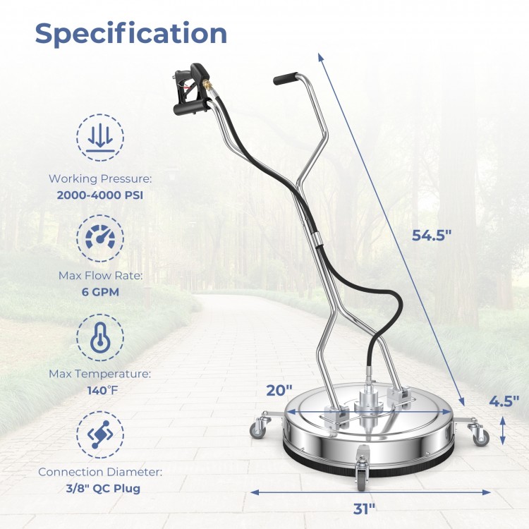 20-inch pressure washer surface cleaner attachment with stainless steel housing and 360° swiveling casters for.