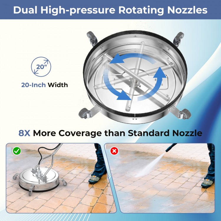 20-inch pressure washer surface cleaner with dual rotating nozzles for efficient cleaning of patios and driveways.