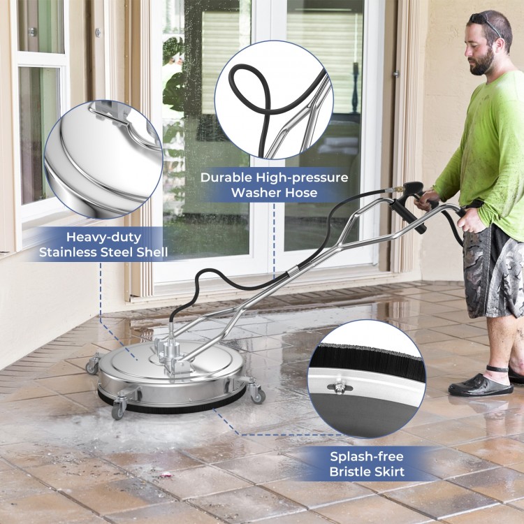 20-inch pressure washer surface cleaner with stainless steel shell, bristle skirt, and adjustable handles for efficient.