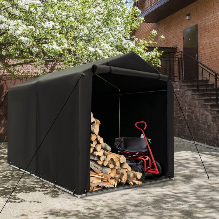 Storage shelter tent with waterproof cover, featuring a roll-up door, for bikes and outdoor storage needs.
