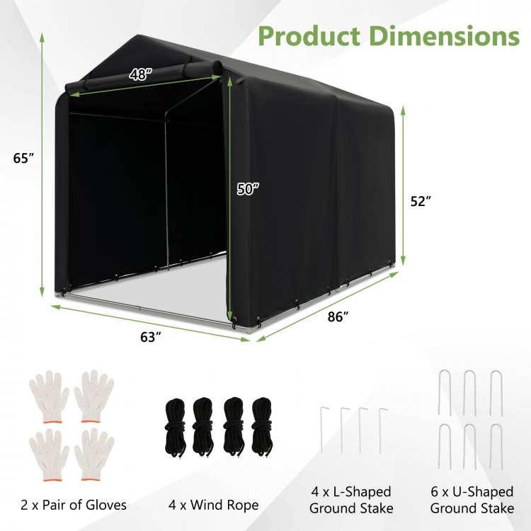 Storage shelter dimensions for the 7 x 5.2FT outdoor bike tent with waterproof cover and zipper door in gray.