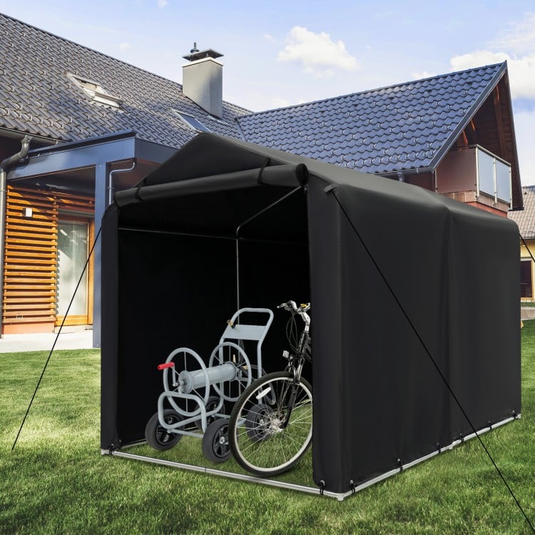 Outdoor bike tent with waterproof cover, 7 x 5.2FT size, featuring a roll-up zipper door and sturdy metal frame.