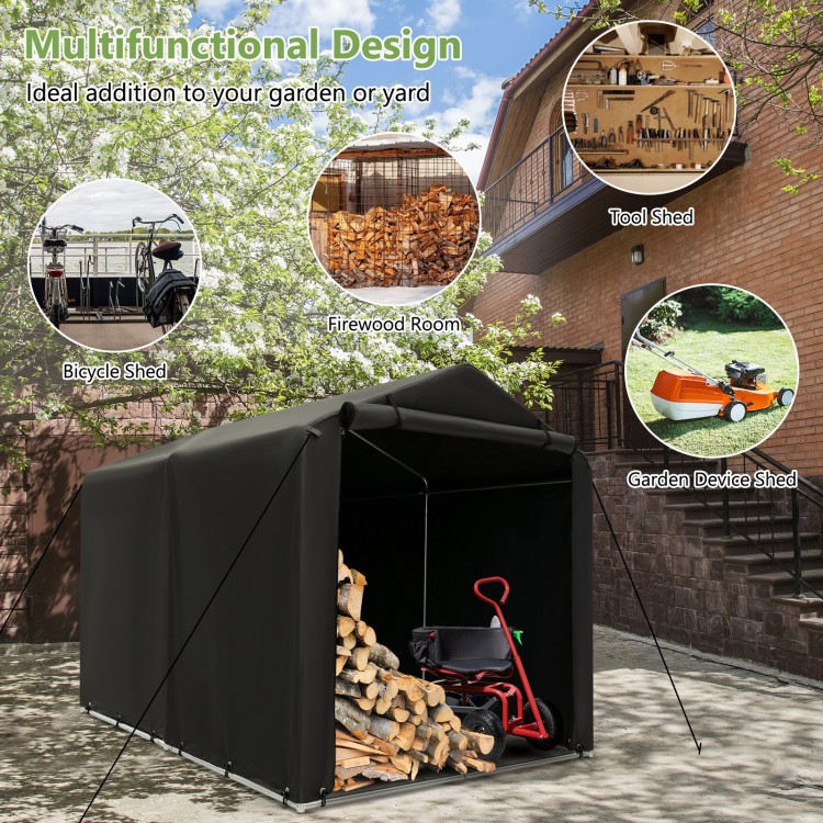 Storage shelter tent with waterproof cover, 7 x 5.2FT, ideal for bicycles, tools, and firewood in outdoor settings.