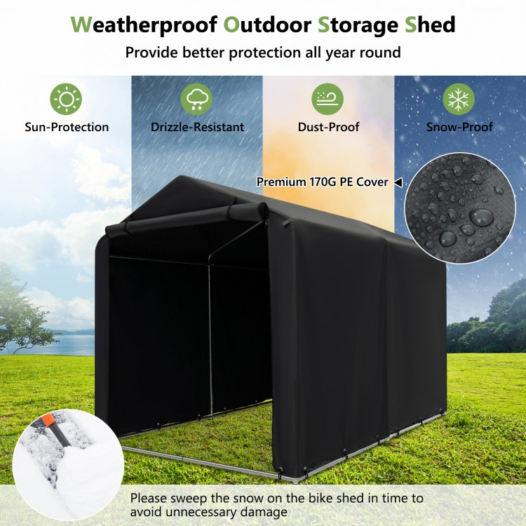 Weatherproof outdoor storage shed with gray 170g PE cover, designed for bicycle protection in various weather.