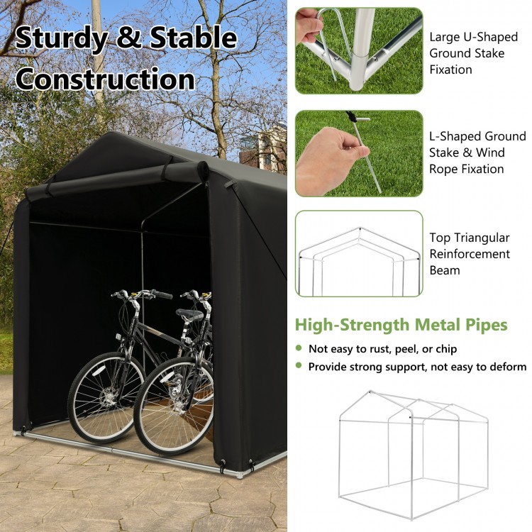 Storage shelter tent for bicycles with waterproof cover, featuring sturdy metal pipes and large roll-up zipper door.