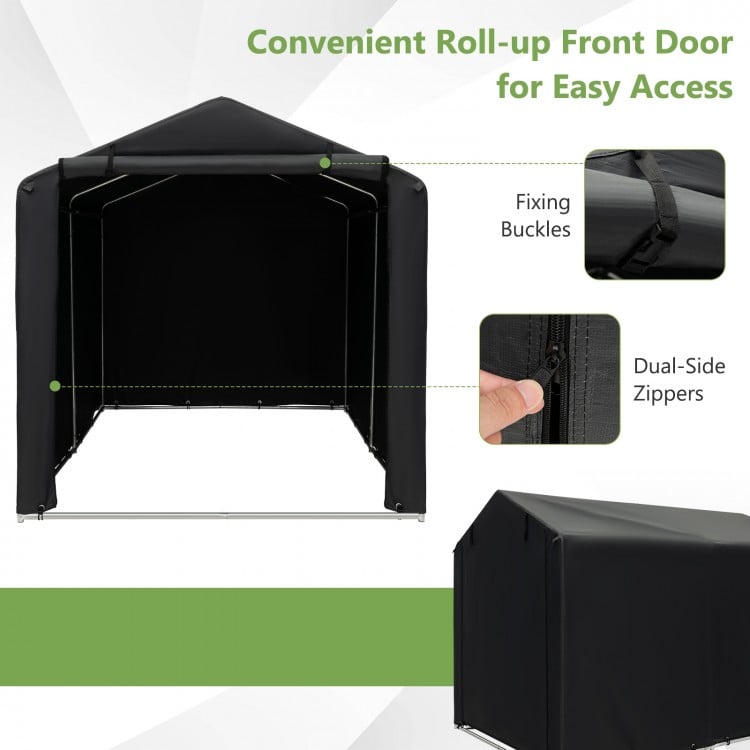 Storage shelter tent with roll-up door, waterproof cover, and dual-side zippers for easy access and bicycle storage.