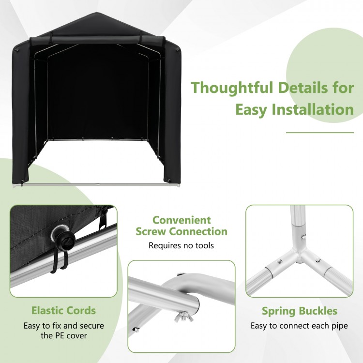 Storage shelter tent with waterproof cover, featuring tool-free assembly, spring buckles, and elastic cords for secure.