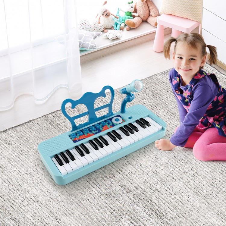 Kids piano keyboard in blue with 37 keys and adjustable microphone, designed for fun and learning for children 3+.