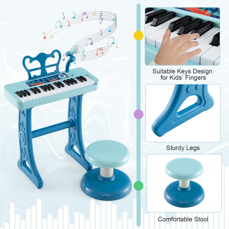Kids piano keyboard in blue with 37 keys, detachable legs, and adjustable microphone for fun musical play.
