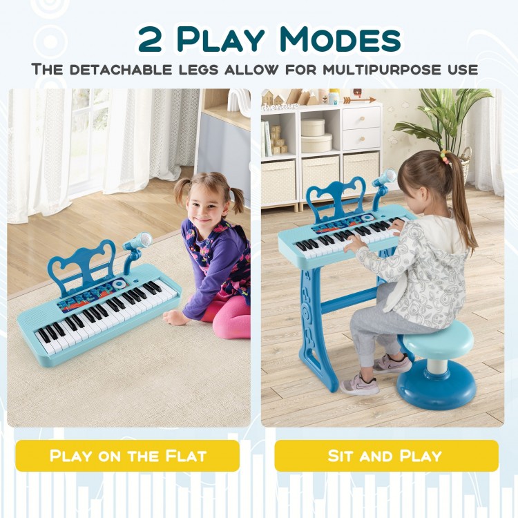 Kids piano keyboard in blue with detachable legs, showcasing two play modes for versatile use and fun music play.