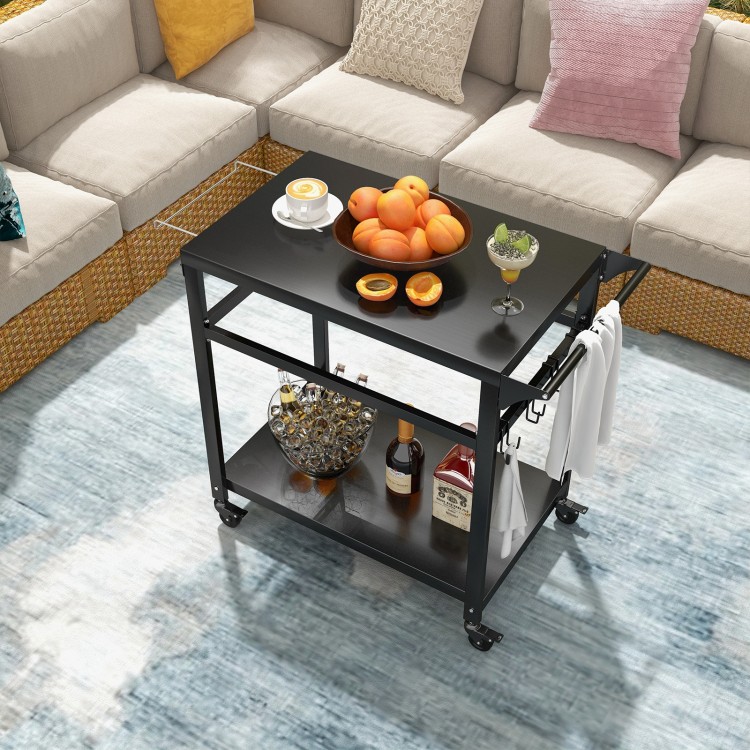 Double-shelf movable BBQ cart with a wide tabletop, lockable wheels, and towel rack, ideal for indoor and outdoor use.