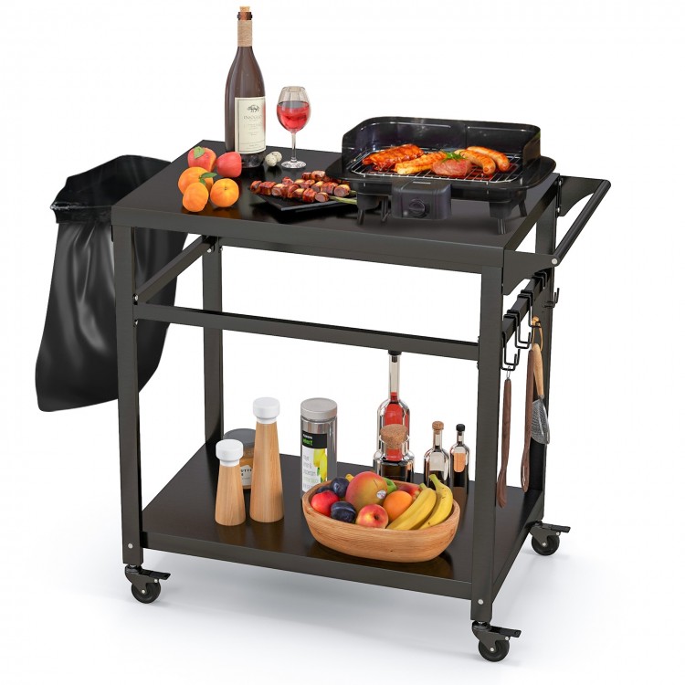 Double-shelf movable BBQ cart with 4 lockable wheels, ideal for food prep and outdoor dining, featuring a wide tabletop.