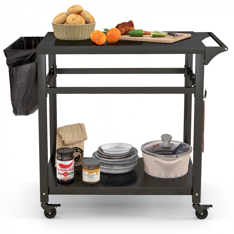 Movable BBQ cart with double shelves, lockable wheels, and a towel rack, ideal for food prep and outdoor dining.