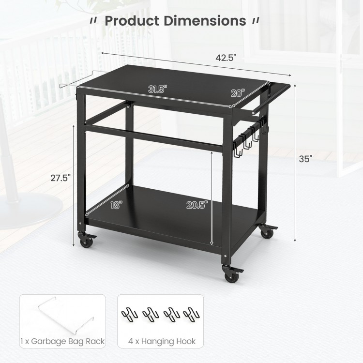 Double-shelf movable BBQ cart with dimensions 42.5" x 31.5" x 35", featuring lockable wheels and towel rack for.