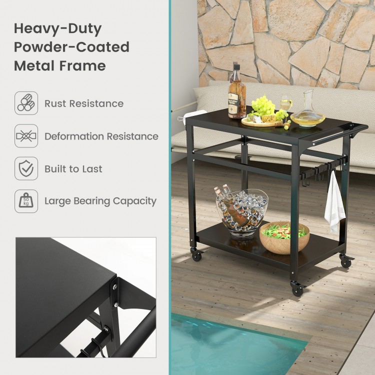 Double-shelf movable BBQ cart with a heavy-duty metal frame, featuring 4 lockable wheels for easy maneuverability.