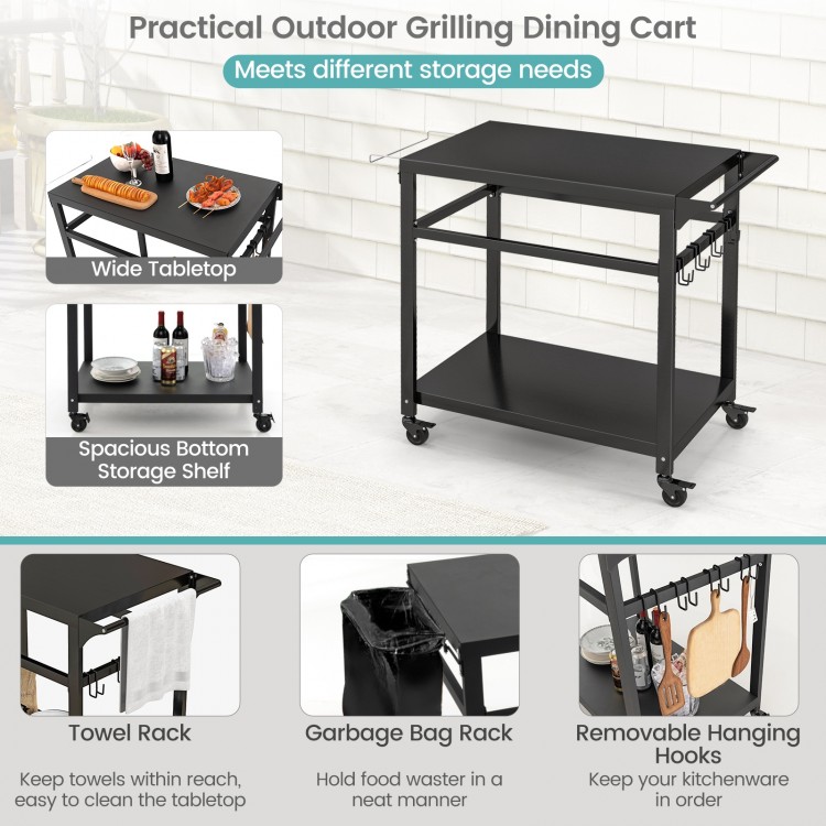 Double-shelf movable BBQ cart with lockable wheels, towel rack, and garbage bag holder for versatile outdoor use.