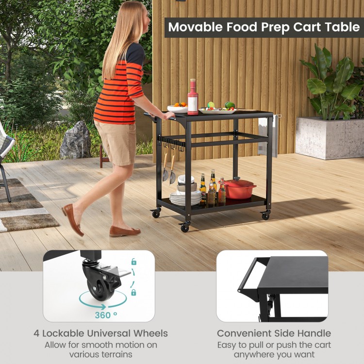 Double-shelf movable BBQ cart with 4 lockable wheels, ideal for food prep and outdoor dining convenience.