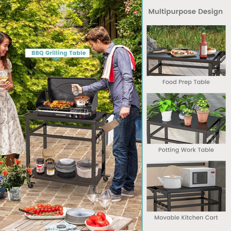 Double-shelf movable BBQ cart with 4 lockable wheels, ideal for food prep and outdoor grilling in gardens or decks.