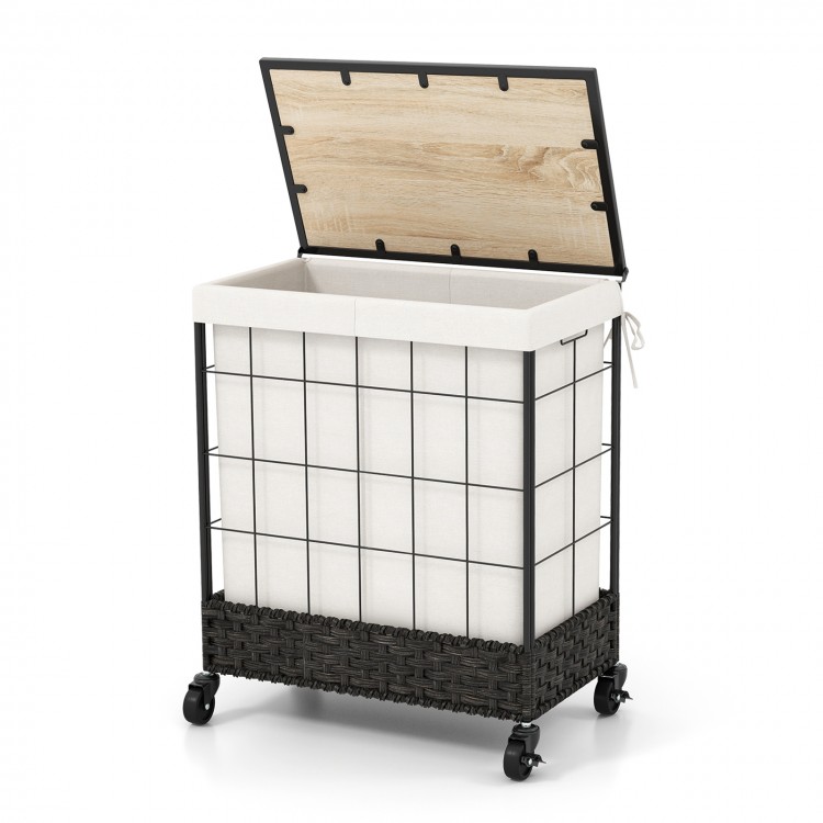 Laundry hamper with lid and lockable wheels, featuring a durable metal frame and 110L capacity for easy cloth sorting.