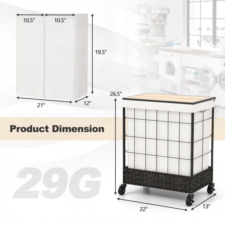 Laundry hamper with lid and lockable wheels, featuring a 110L capacity and durable polycotton fabric for easy cleaning.