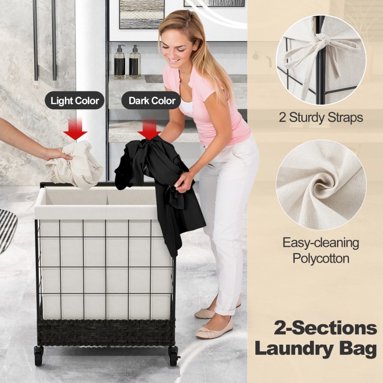 Two-section laundry hamper with lockable wheels, easy-clean polycotton, and sturdy lid for convenient cloth sorting.