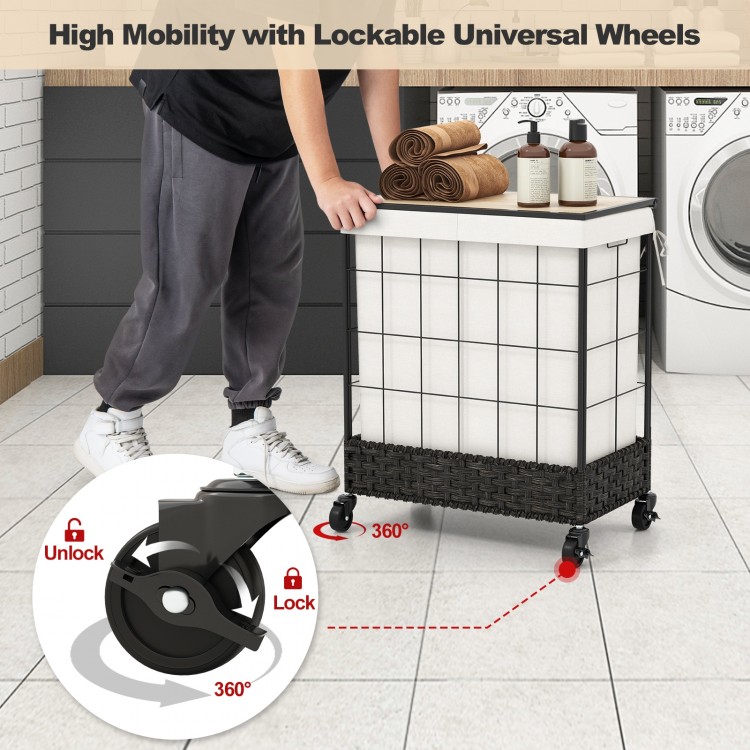 Close-up of the lockable universal wheels on the laundry hamper, designed for easy mobility and secure transport of.